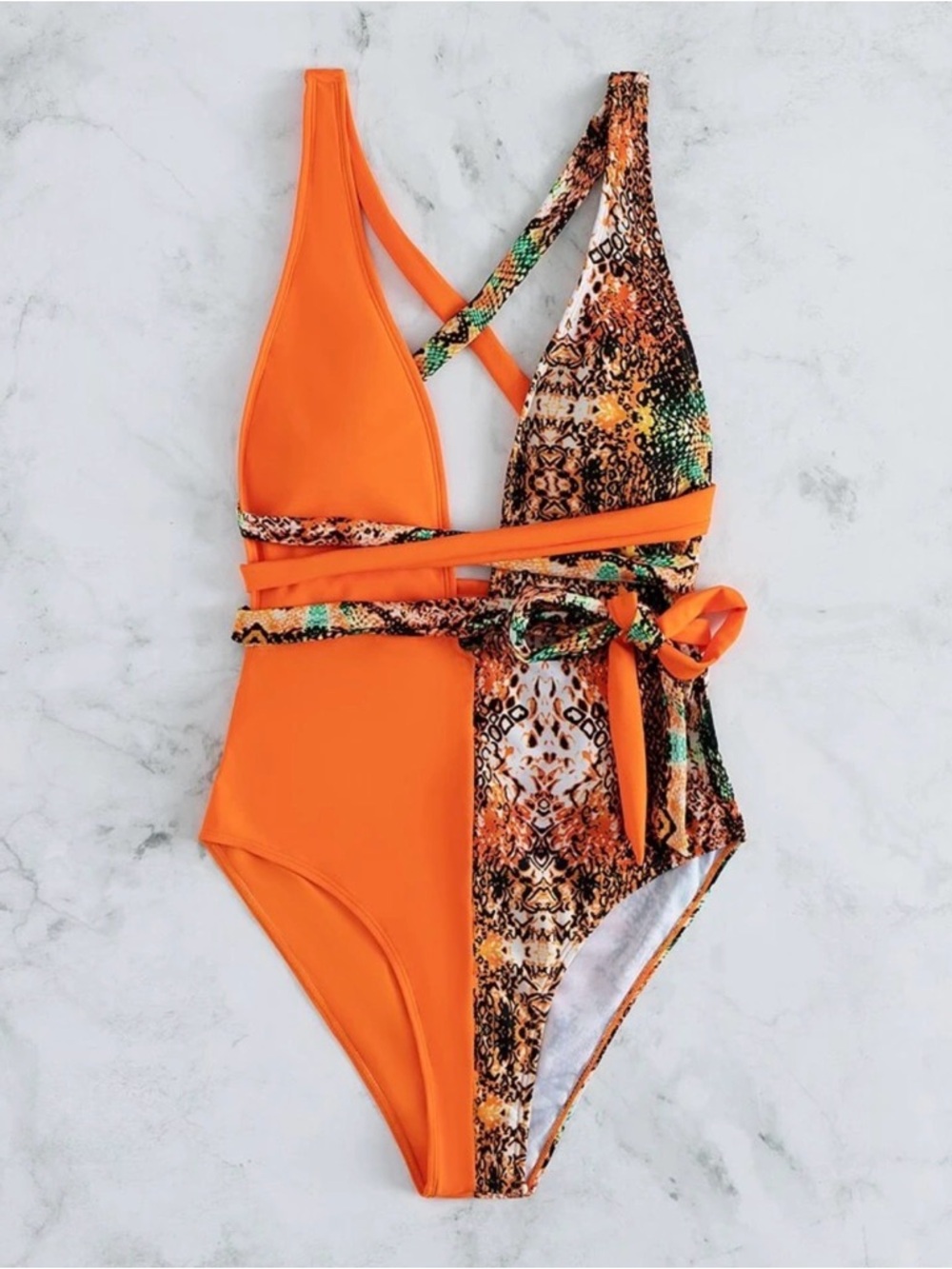 SHEIN Orange One-Piece Swimsuit with Snake Print Tie
